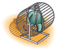 Illustration d'un homme courant dans une roue de hamster